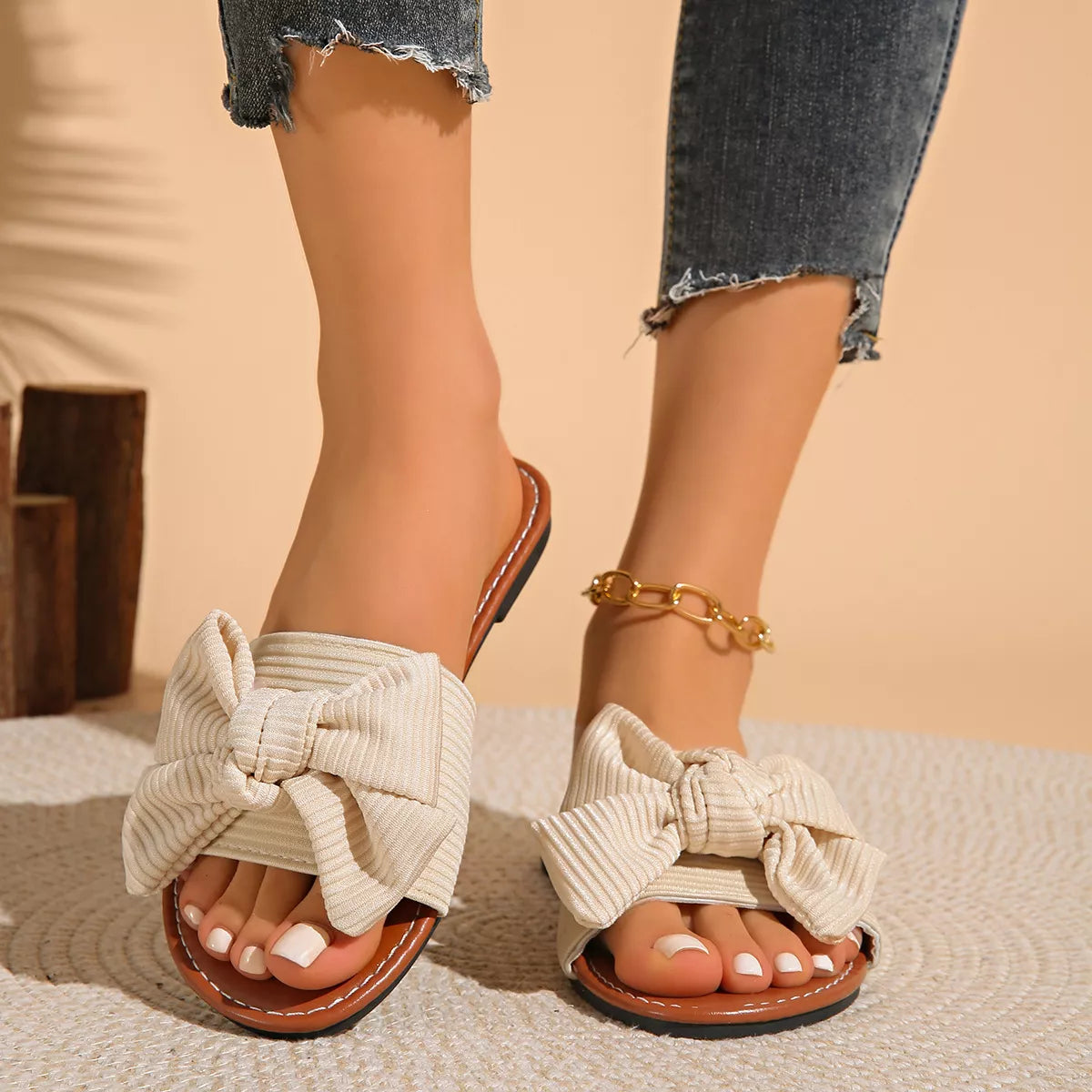 Bow Knot Decor Charm Flat Slides