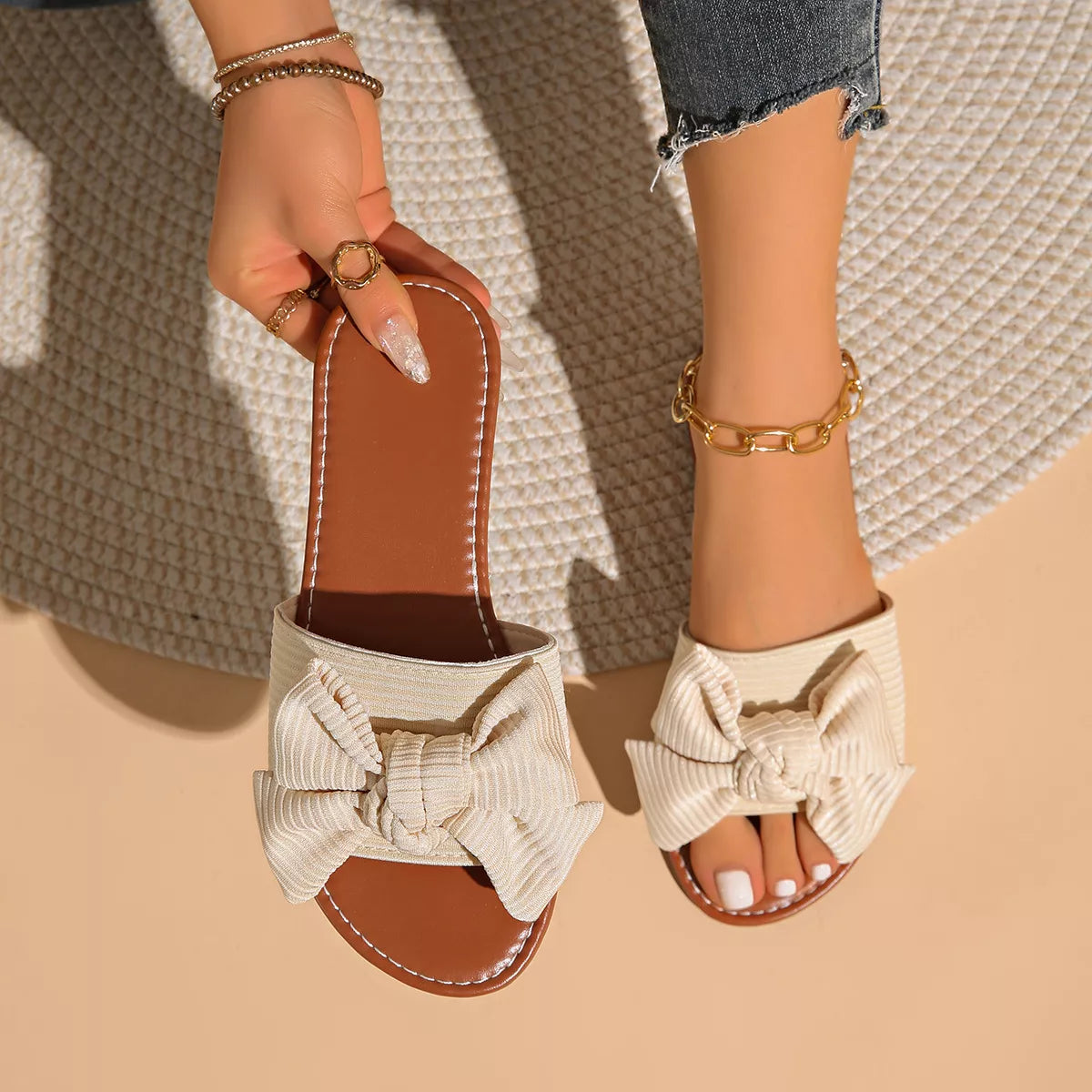 Bow Knot Decor Charm Flat Slides