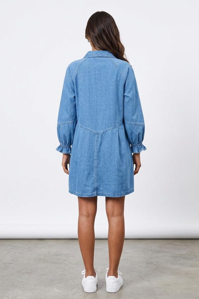 Button Up Flounce Sleeve Mini Denim Dress