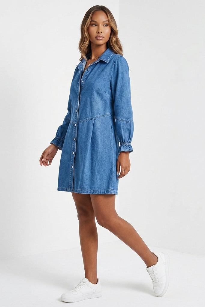 Button Up Flounce Sleeve Mini Denim Dress
