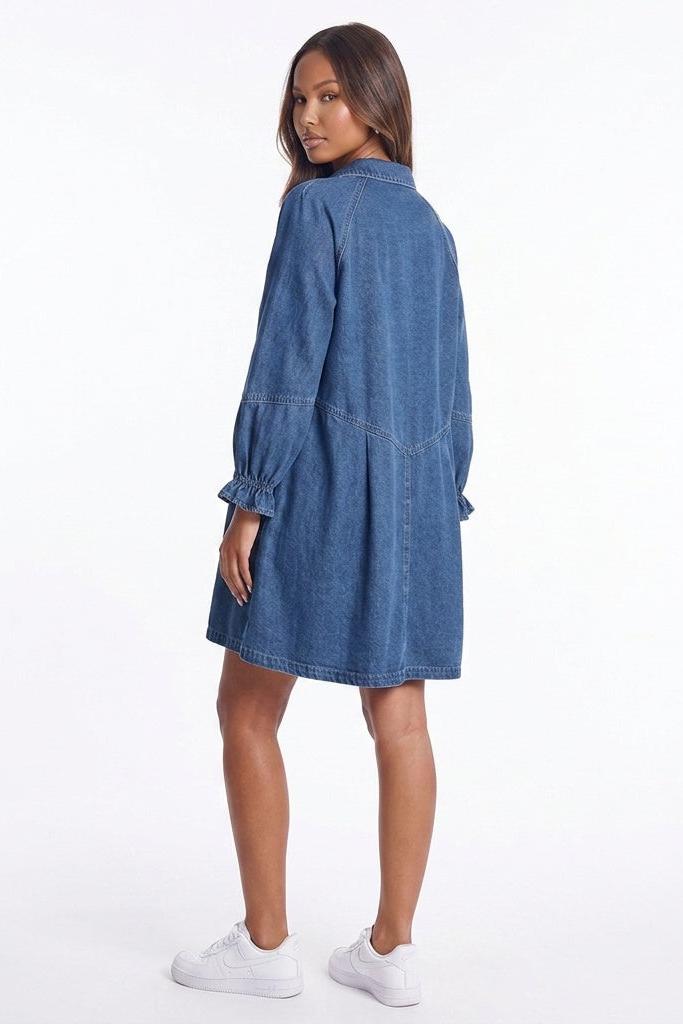 Button Up Flounce Sleeve Mini Denim Dress