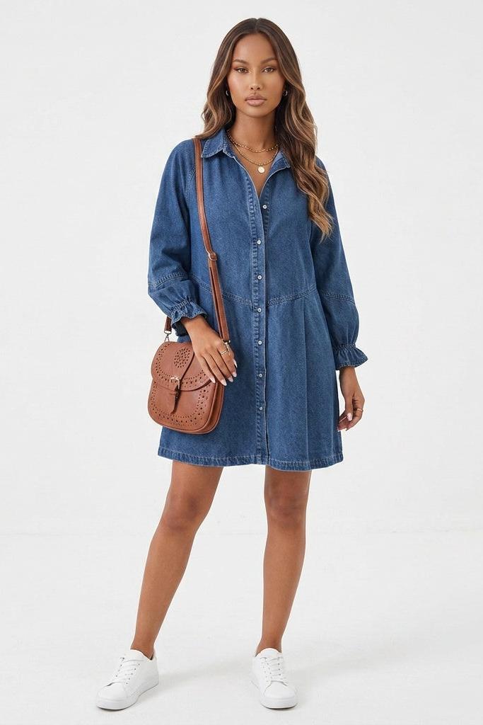 Button Up Flounce Sleeve Mini Denim Dress
