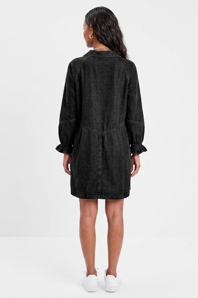 Button Up Flounce Sleeve Mini Denim Dress