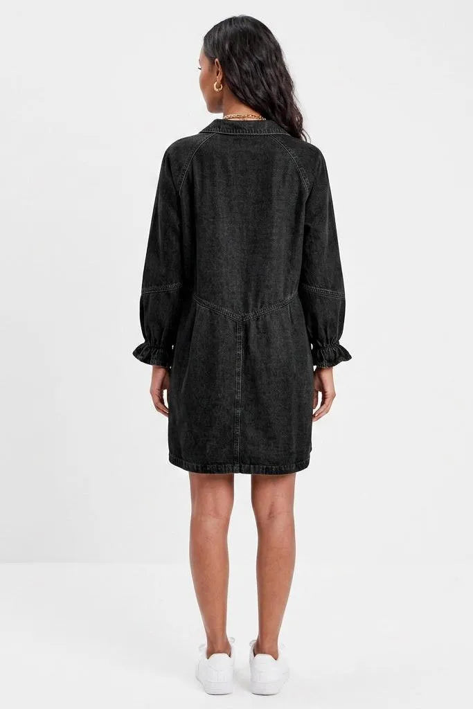 Button Up Flounce Sleeve Mini Denim Dress
