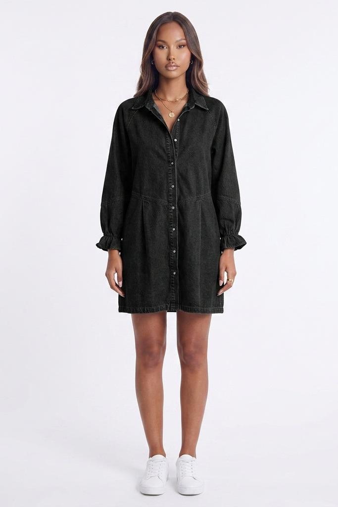 Button Up Flounce Sleeve Mini Denim Dress