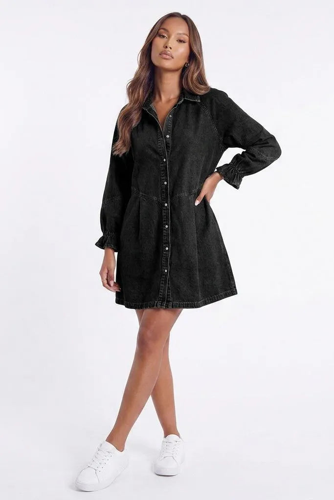 Button Up Flounce Sleeve Mini Denim Dress