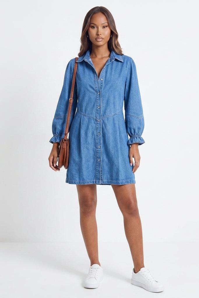 Button Up Flounce Sleeve Mini Denim Dress