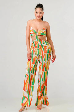 Color Me Crazy Cutout Satin Bra Top And Palazzo Jumpsuit