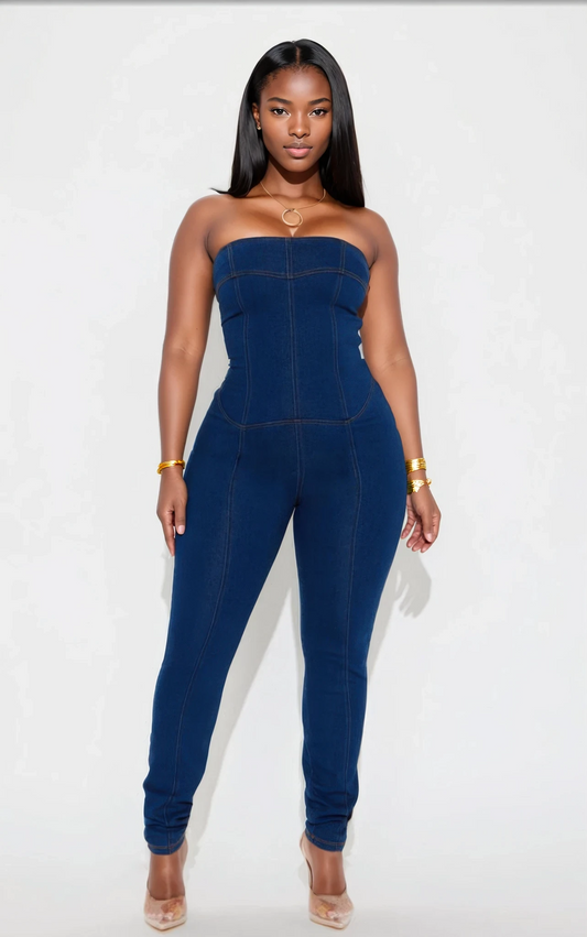 Backseat Denim Jumpsuit With Lace Up Back