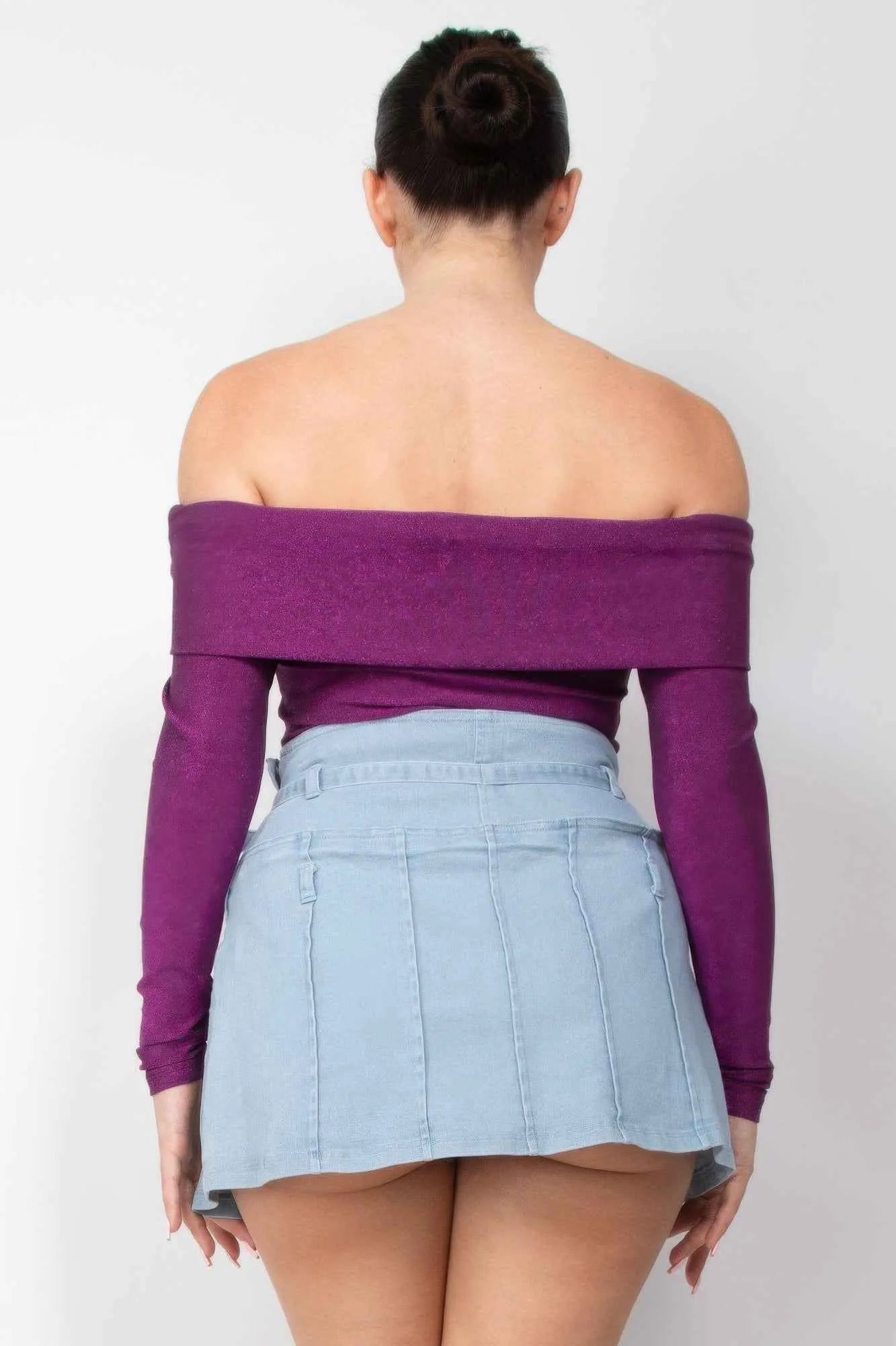 Off-shoulder Glittery Long Sleeve Bodysuit