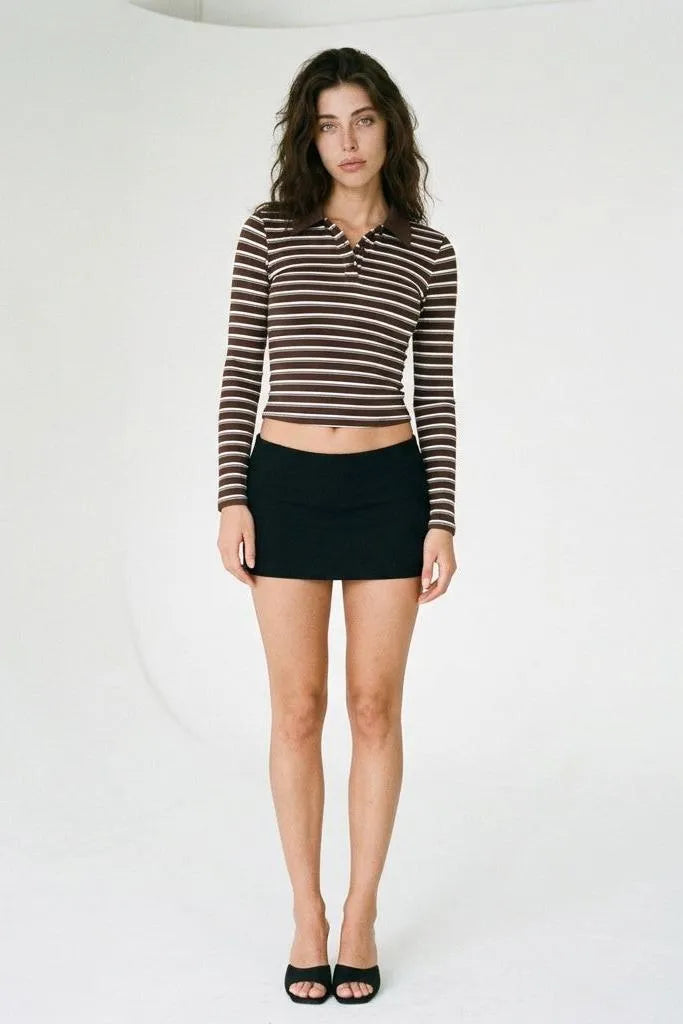 Campus Crush Brown Striped Button-Front Polo Top