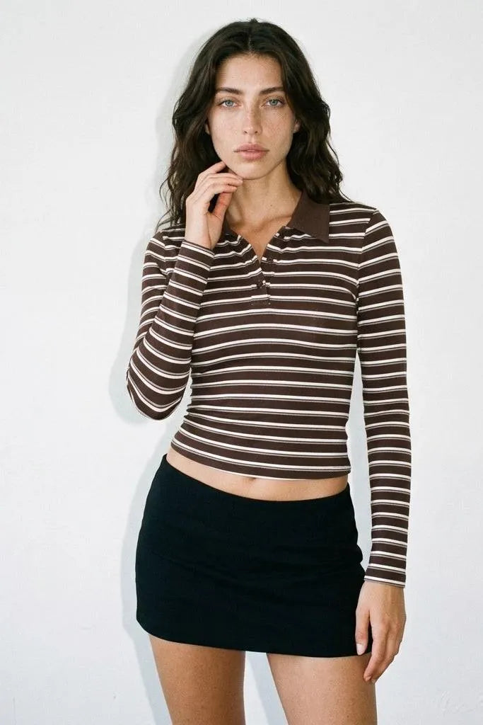 Campus Crush Brown Striped Button-Front Polo Top
