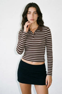 Campus Crush Brown Striped Button-Front Polo Top