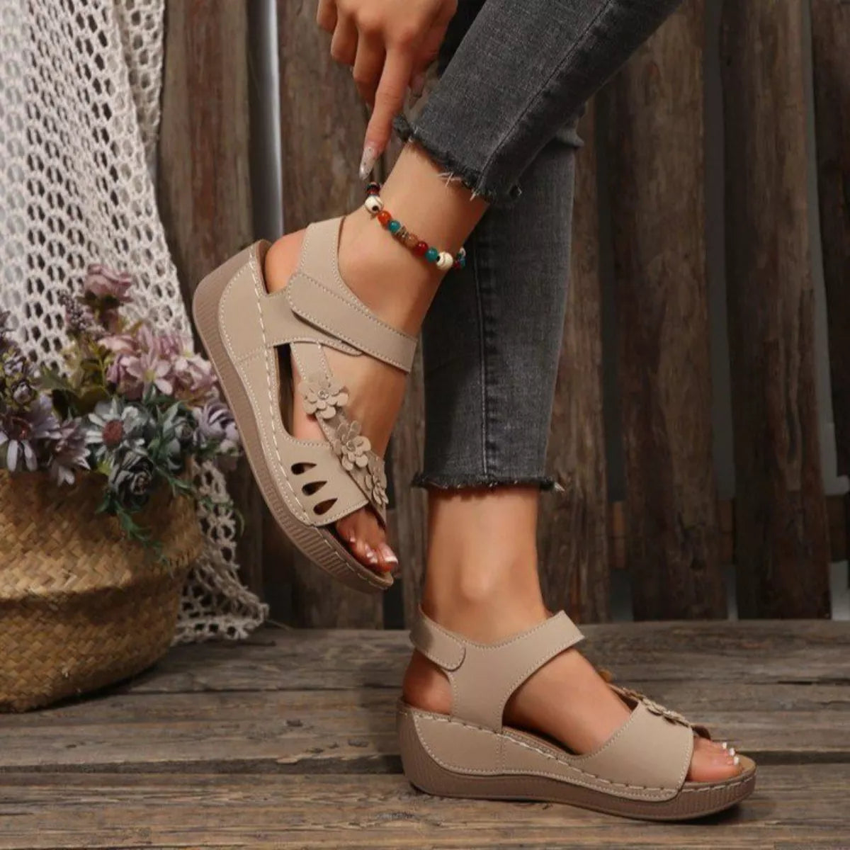 Coastal Bloom floral Embellished Wedge Sandals