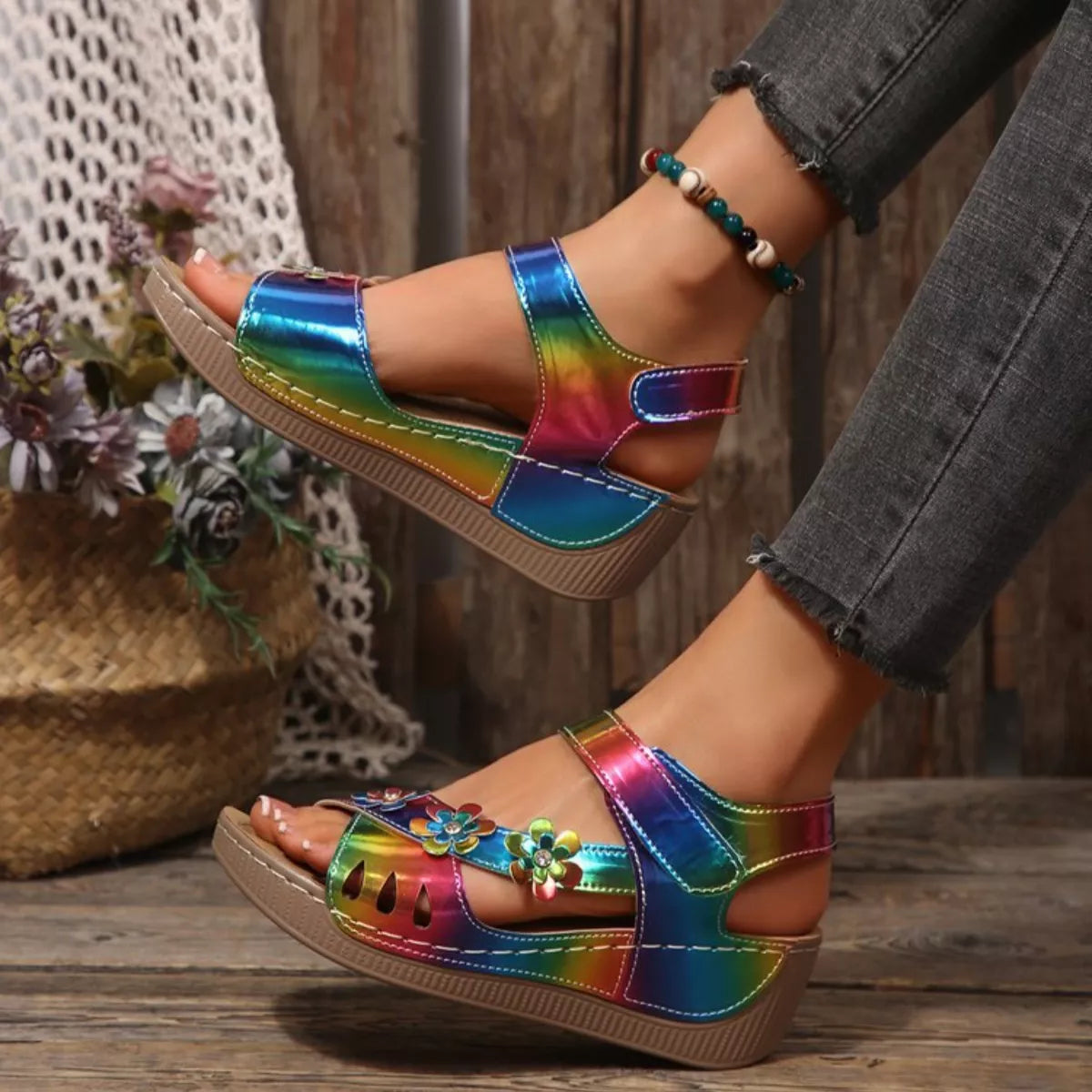 Coastal Bloom floral Embellished Wedge Sandals