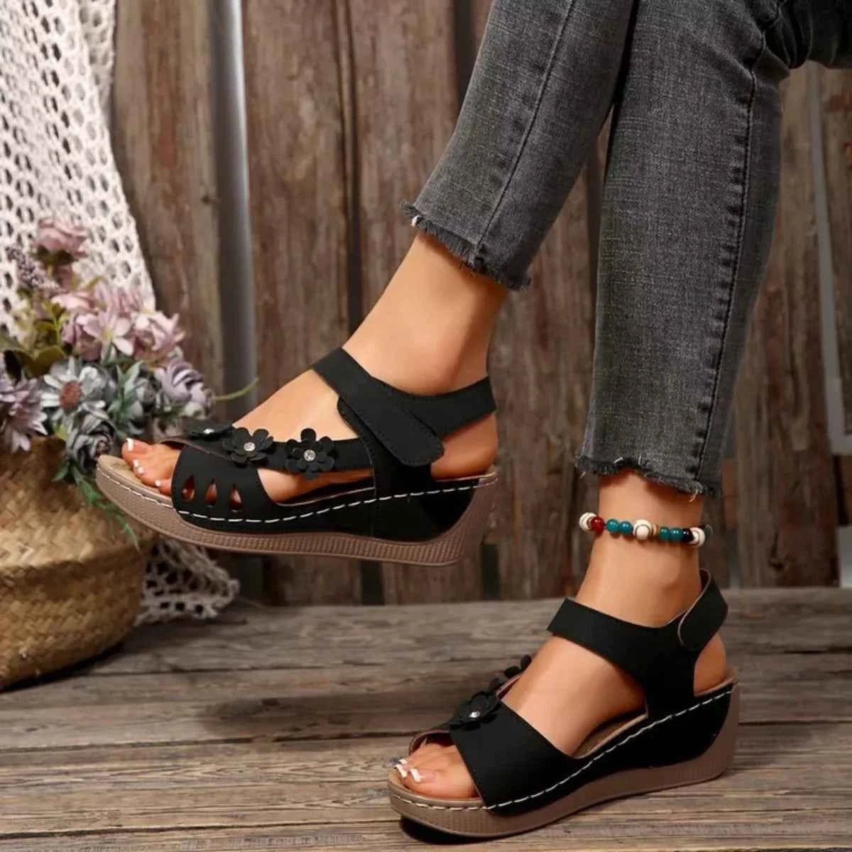 Coastal Bloom floral Embellished Wedge Sandals