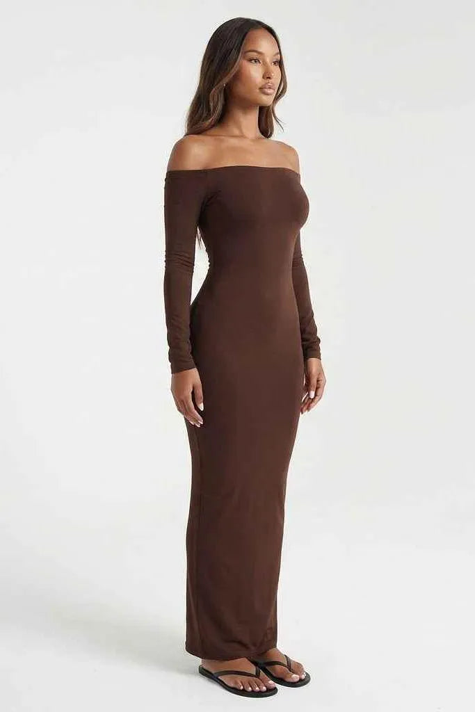 Cocoa Curve Off-Shoulder Ruched Maxi Dress