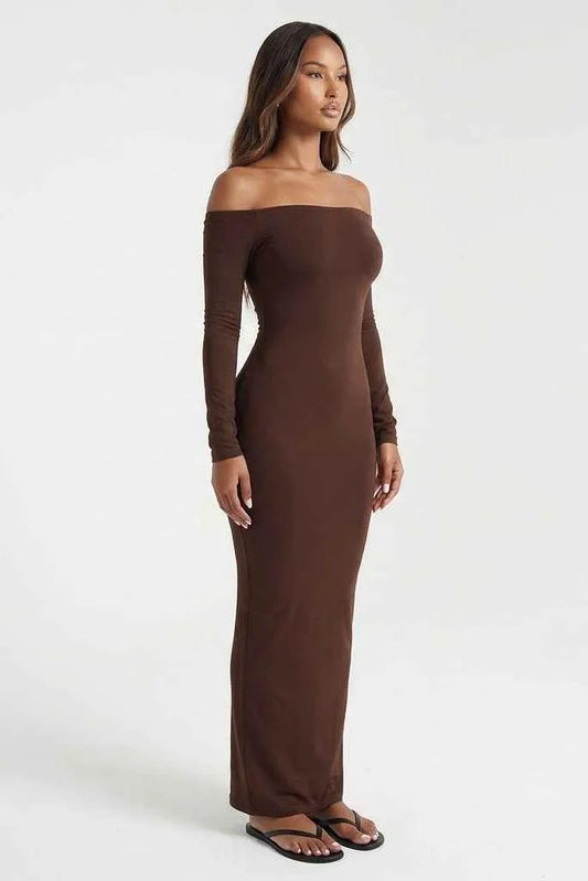 Cocoa Curve Off-Shoulder Ruched Maxi Dress