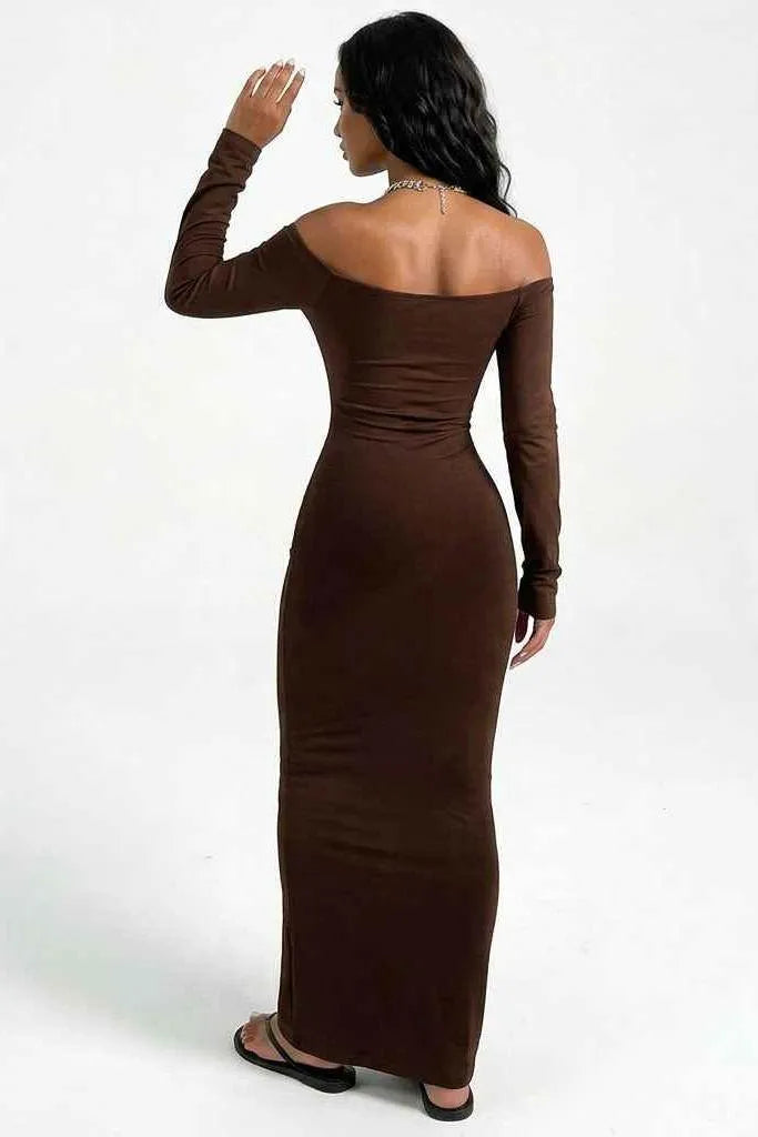 Cocoa Curve Off-Shoulder Ruched Maxi Dress