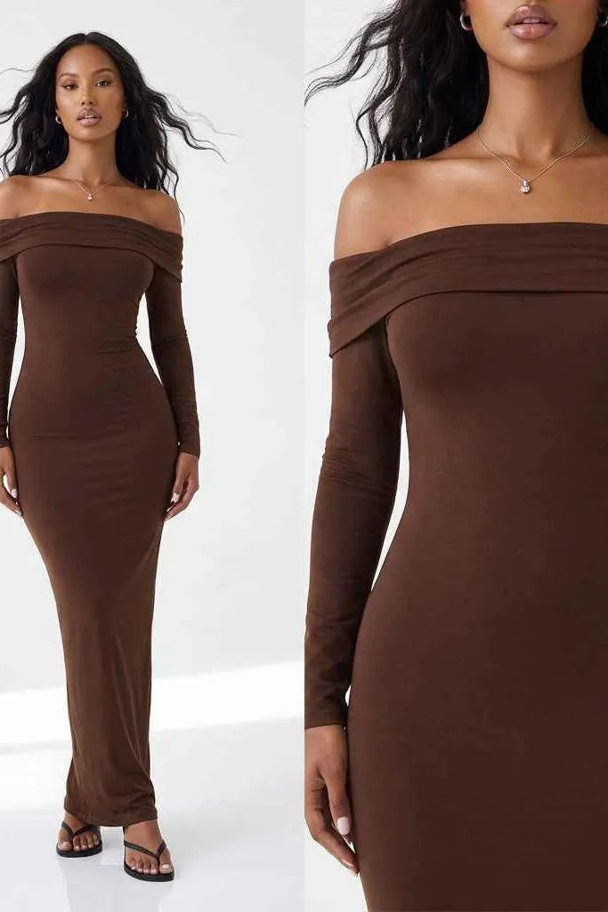 Cocoa Curve Off-Shoulder Ruched Maxi Dress
