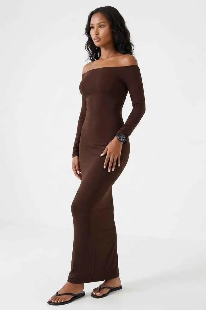 Cocoa Curve Off-Shoulder Ruched Maxi Dress