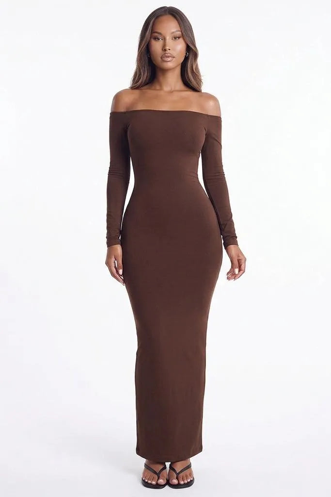 Cocoa Curve Off-Shoulder Ruched Maxi Dress