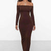 Cocoa Curve Off-Shoulder Ruched Maxi Dress