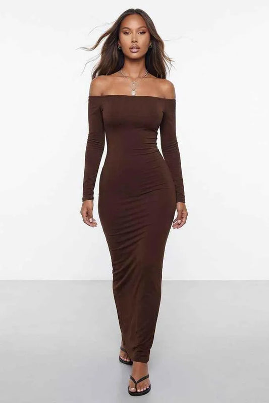 Cocoa Curve Off-Shoulder Ruched Maxi Dress