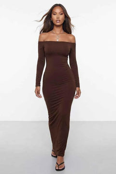 Cocoa Curve Off-Shoulder Ruched Maxi Dress