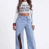 Crossed Lines Washed Wrap-Front Wide-Leg Jeans