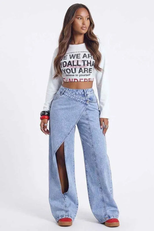 Crossed Lines Washed Wrap-Front Wide-Leg Jeans