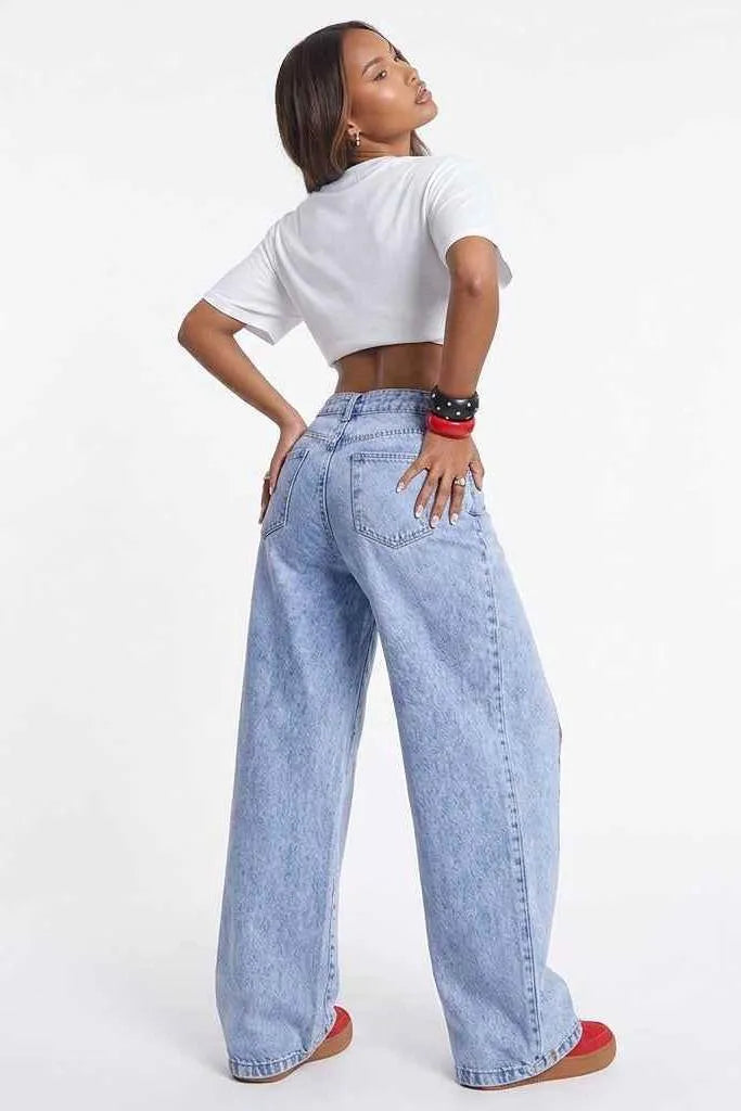 Crossed Lines Washed Wrap-Front Wide-Leg Jeans