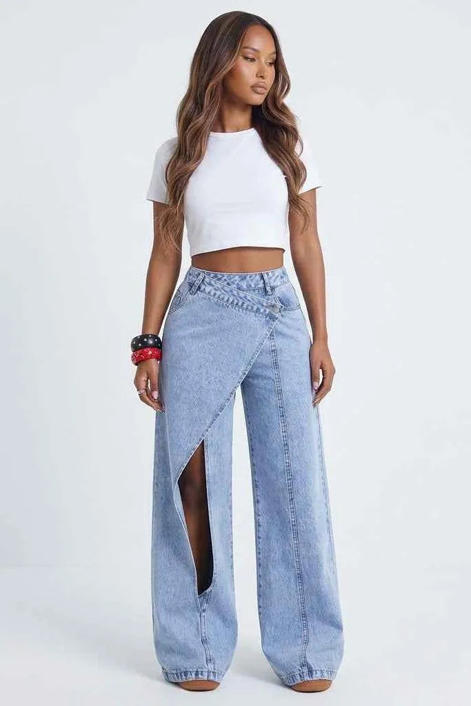 Crossed Lines Washed Wrap-Front Wide-Leg Jeans