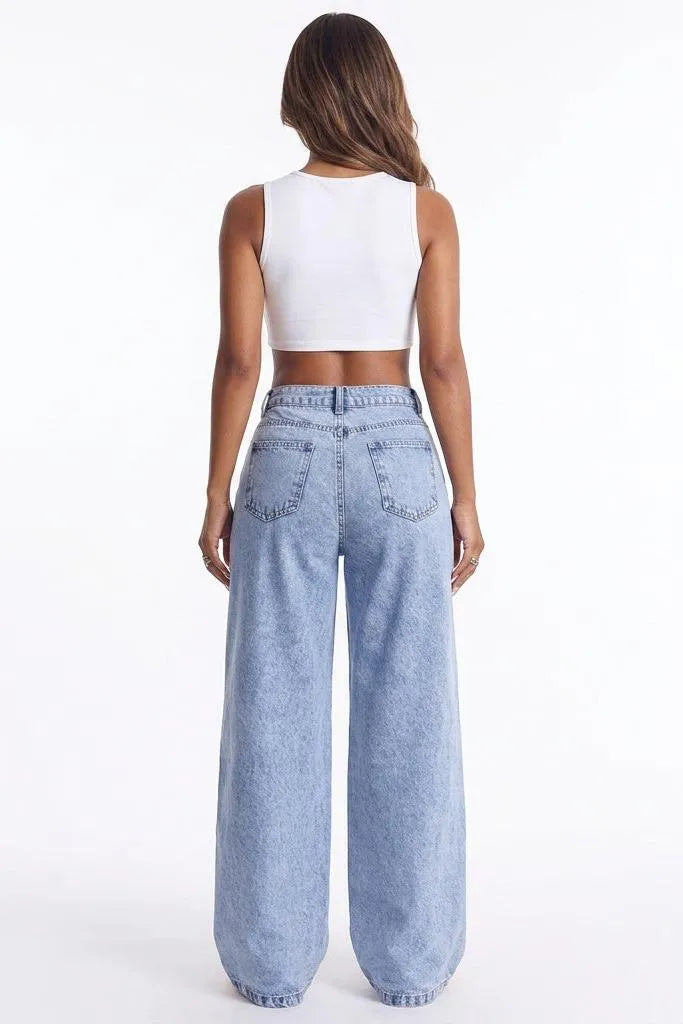Crossed Lines Washed Wrap-Front Wide-Leg Jeans