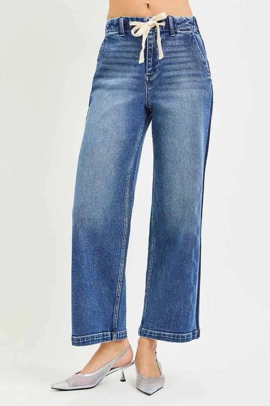 Elastic Band High Rise Cropped Wide Jeans