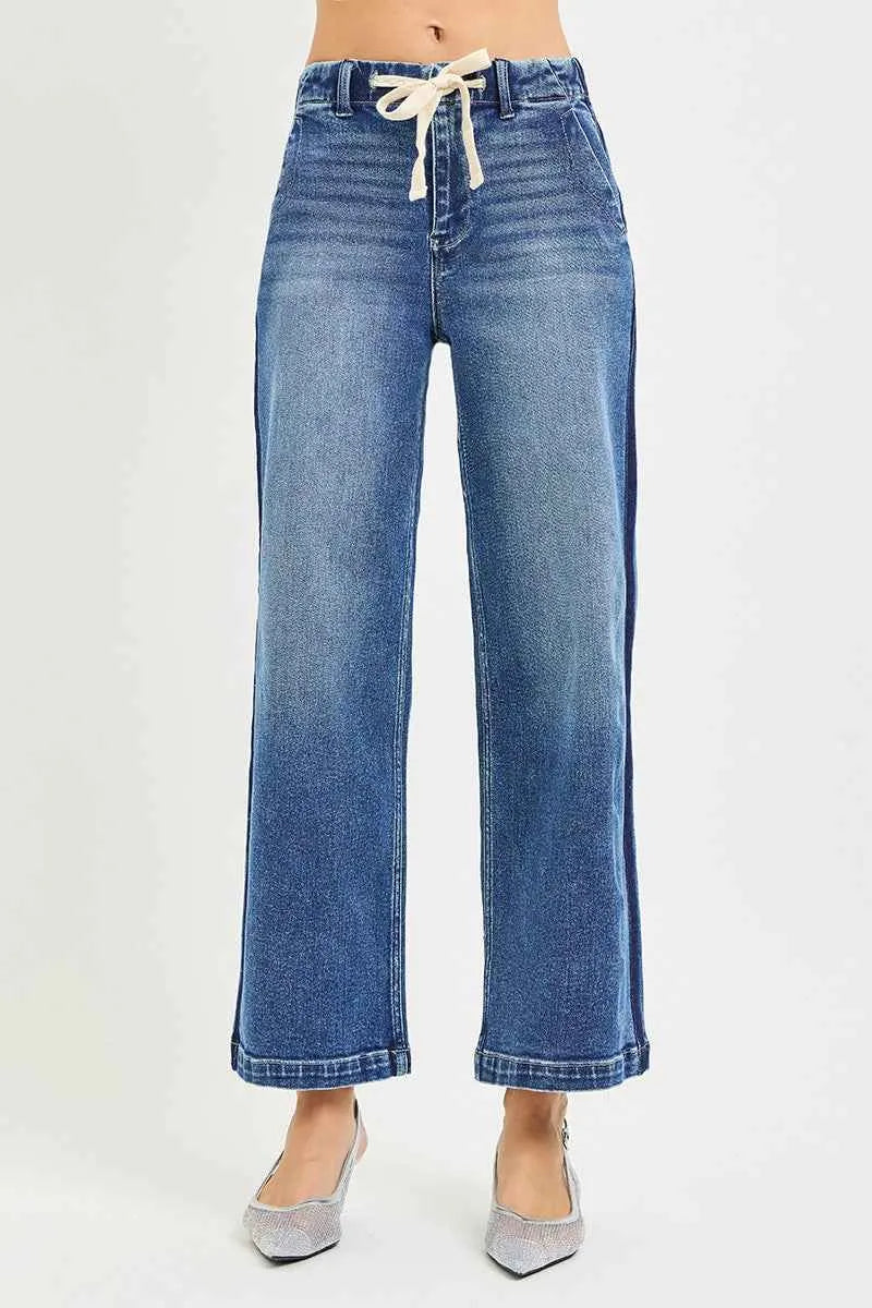 Elastic Band High Rise Cropped Wide Jeans