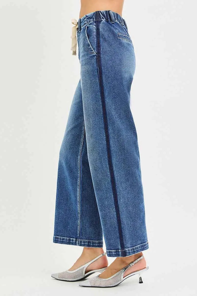 Elastic Band High Rise Cropped Wide Jeans