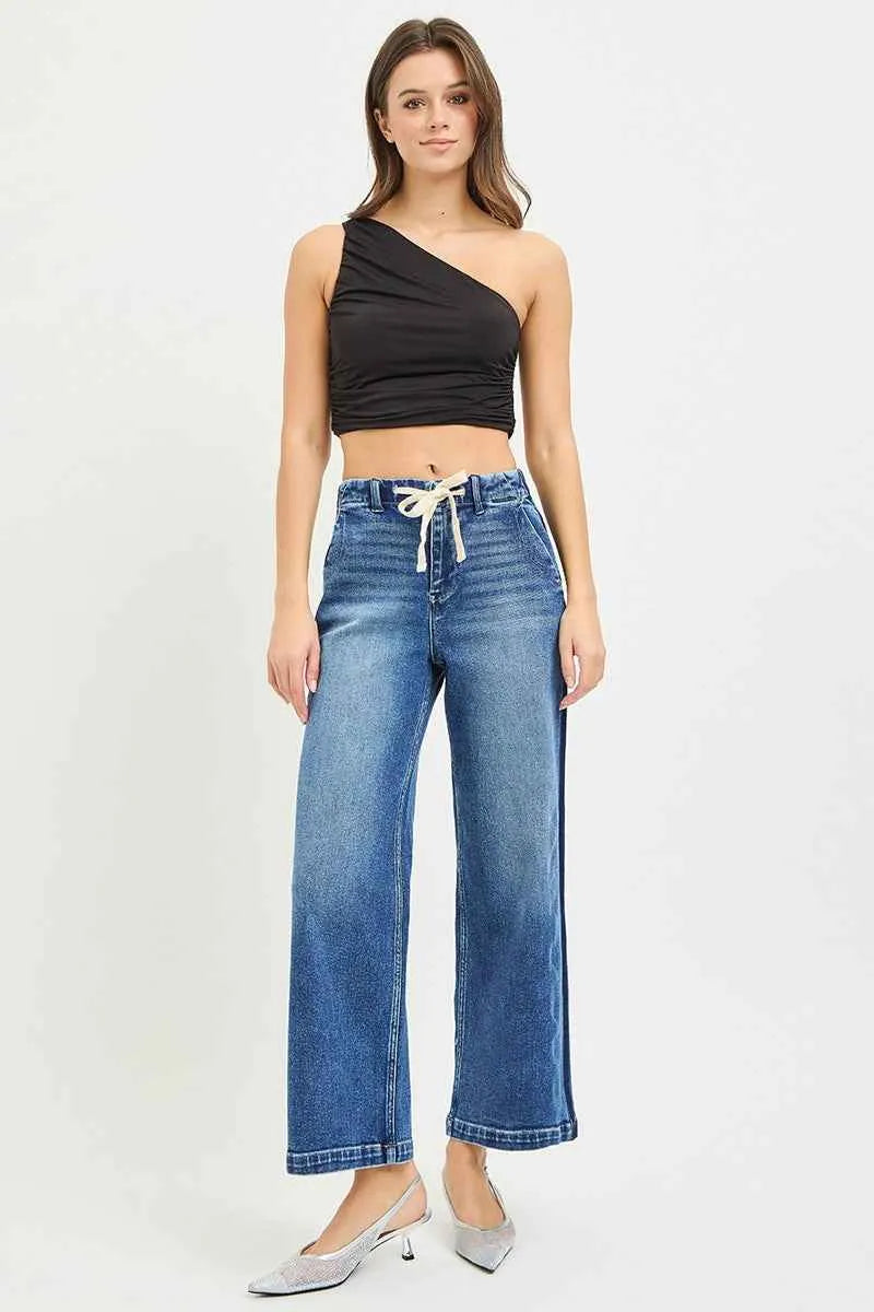 Elastic Band High Rise Cropped Wide Jeans