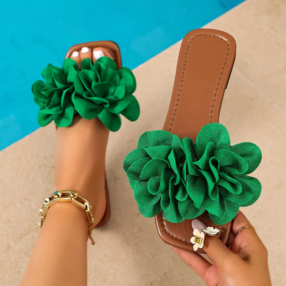 Emerald Blossom Flat Sandals