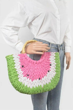 Handtasche aus Kunststroh mit Häkelmuster und Wassermelonenmotiv