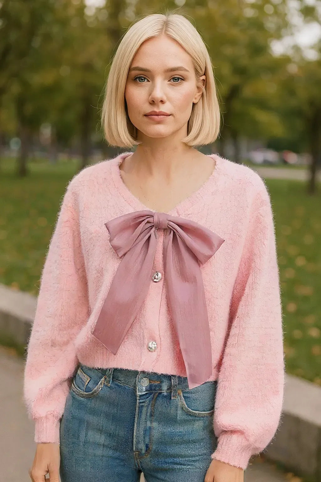 Blush Luxe – Faux Mink Bow Cardigan