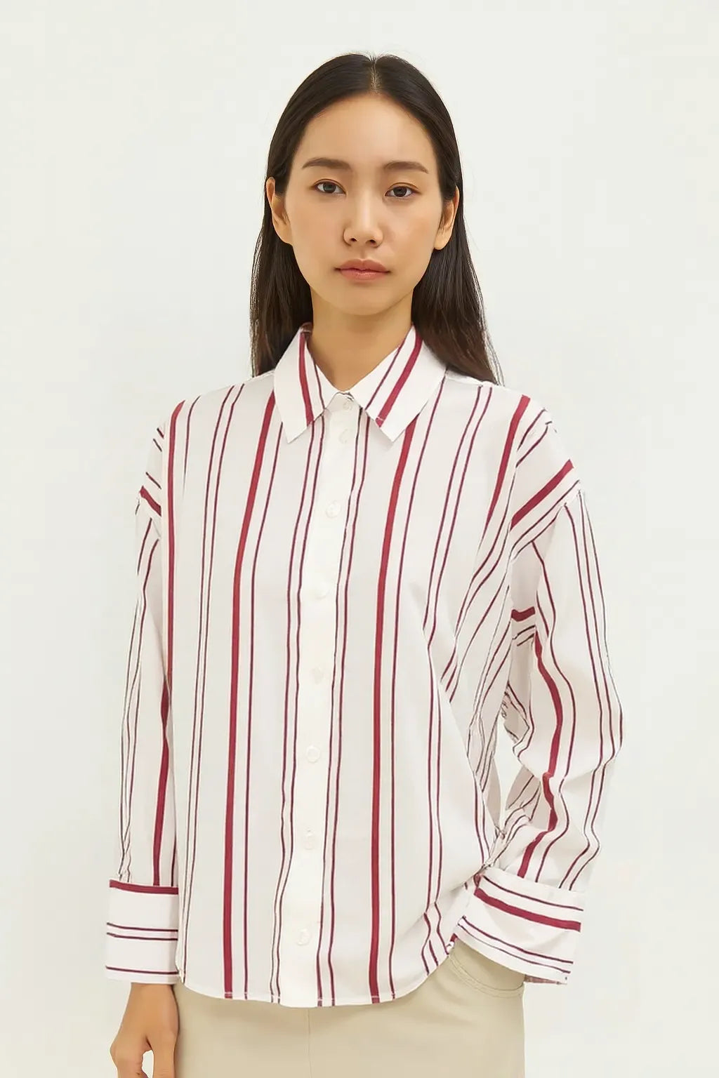 Striped Poplin Cotton Long-Sleeved Lapel Shirt