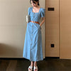 Marble Grace Puff Sleeve Denim Maxi Dress with Belt