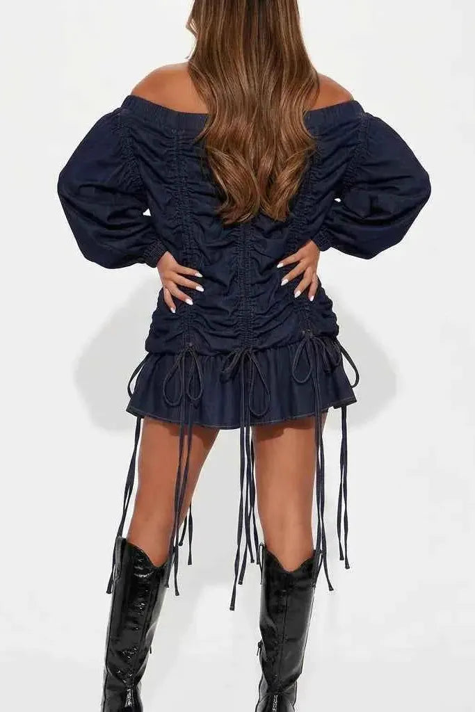 Indigo Tethered Off-Shoulder Denim Dress