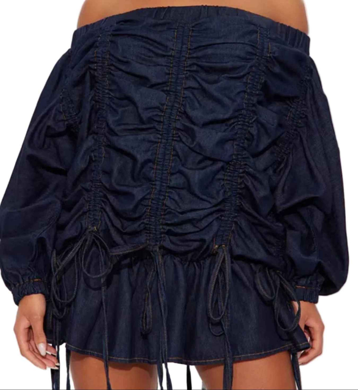 Indigo Tethered Off-Shoulder Denim Dress