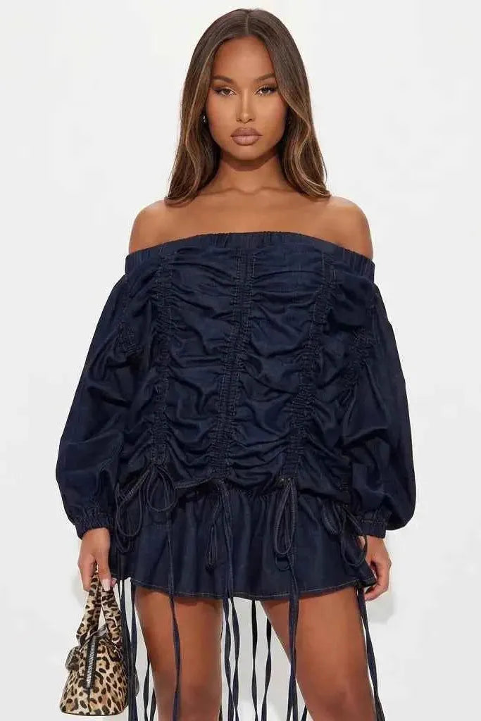 Indigo Tethered Off-Shoulder Denim Dress