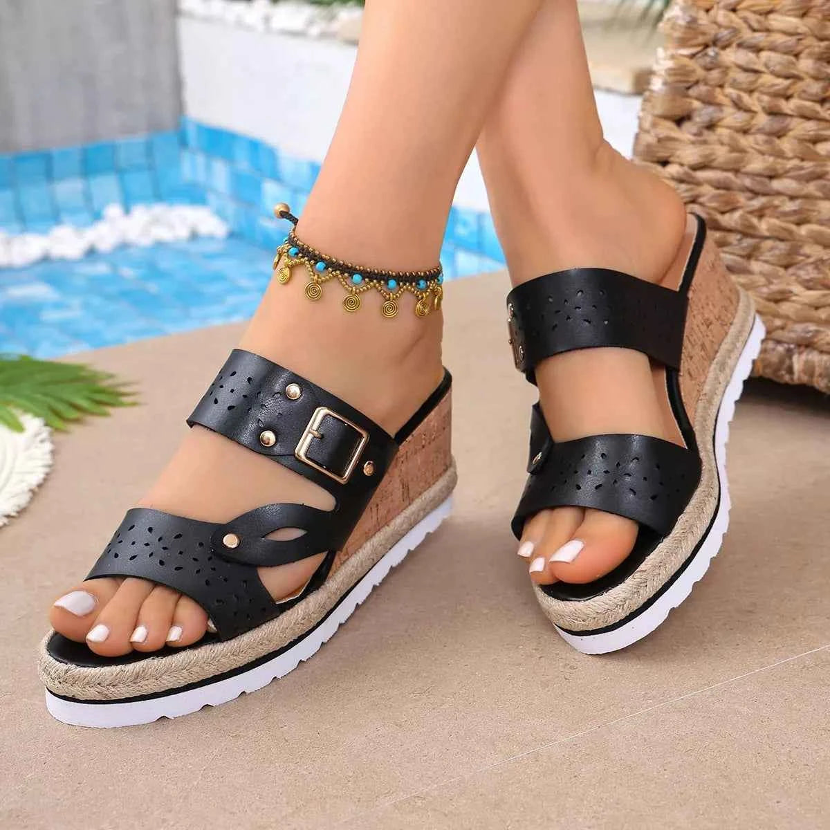 Jet Set Cork Open Toe Wedge Sandals