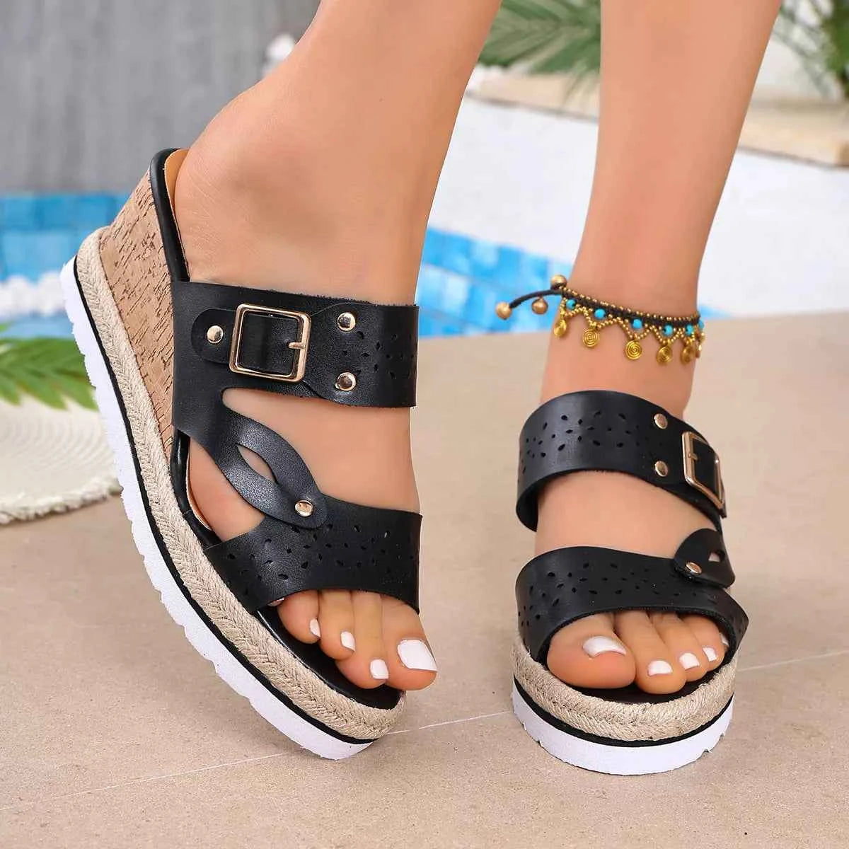 Jet Set Cork Open Toe Wedge Sandals