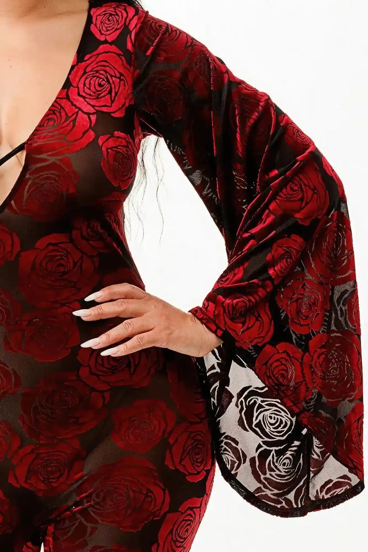 Late Night Drama Velvet Flocking Jumpsuit/bell Sleeve