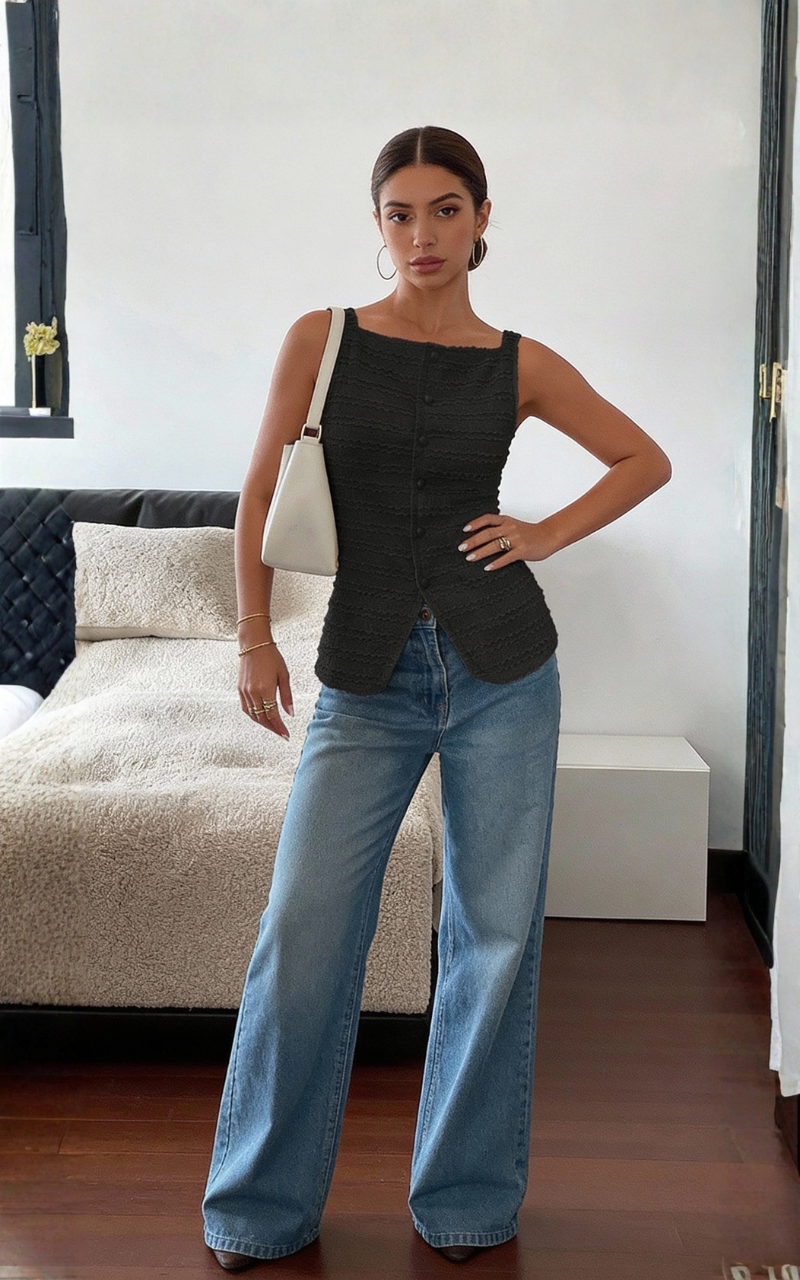 Y2K Square Neck Button-Up Vest Top